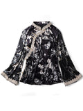 Flower Printed Lace Hem Velvet Shirt for Women