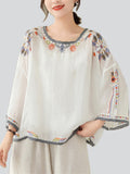 Ladies Ethnic Style Floral Embroidery Round Neck Shirts