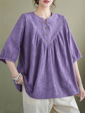 Summer Cotton Linen Half Sleeve Pleated Shirt for Women