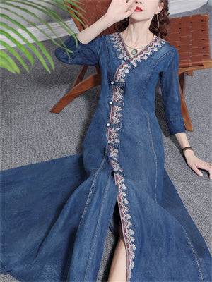 Elegant V-neck Half Sleeve Denim Dresses for Ladies