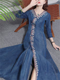 Elegant V-neck Half Sleeve Denim Dresses for Ladies