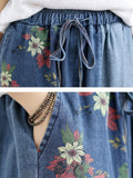 Summer Daisy Print Patchwork Design Blue Jeans for Women