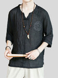 Chinese Style V-Neck Linen Blend T-shirt for Men