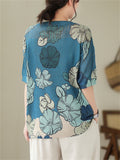 Casual Blue Lotus Print Cozy Linen T-shirts for Women