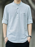 Men's Striped Stand-up Collar Half Button Shirt