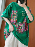 Ethnic Totem Print Round Neck Short Sleeve Shirt for Women