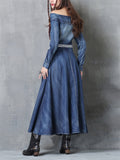 Women's Off-shoulder Pocket Denim Dress with Embroidered Belt