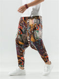 Men's Ethnic Style Abstract Plaid Print Hakama Pants