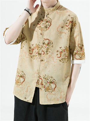 Men's Retro All-Over Dragon Print Tang Suit Summer Shirt