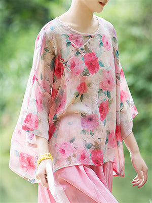 Female 3/4 Sleeve Round Neck Camellia Print Shirts