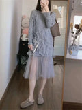 Fashion Transparent Mesh Patchwork Grey Knitted Dress for Lady