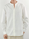 Spring Cozy Stand Collar Long Sleeve Button Up Linen Shirt for Men