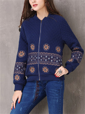 Women's Casual Slim-Fit Floral Embroidery Zipper Cotton Jacket