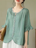 Ethnic Style Round Neck Ruffle Sleeve Transparent Shirt for Women