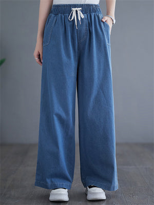 Women's Relaxed Solid Color Lace-Up Wide Leg Jeans