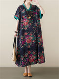 Women's Casual Rose Print V Neck Short Sleeve Oversized Dress