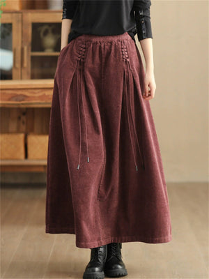 Vintage Corduroy Pleated A-Line Skirt for Women