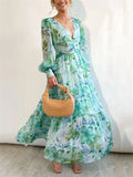 Sexy Deep V Neck Lantern Sleeve Flowy Print Dress for Lady