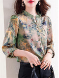 Women's Ginkgo Leaf Print Pleated Collar Long Sleeve Retro Green Shirt