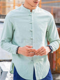 Male Linen Cotton Slim Fit Banded Collar Long Sleeve Shirt