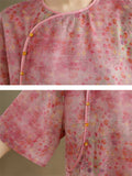 Chinese Style Linen Floral Print Round Neck Shirt for Lady