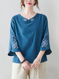 Women's Ethnic Style Peony Embroidery 3/4 Sleeve Linen Shirt