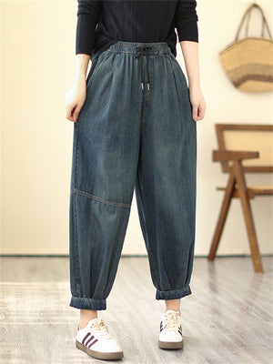 Lady Plain Dark Blue Oversized Drawstring Jeans