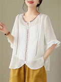 Ethnic Style Round Neck Ruffle Sleeve Transparent Shirt for Women