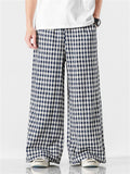 Men's Vintage Plaid Cotton Linen Wide Leg Trousers