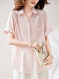 Light Pink Stripe Rhinestone Cozy Tencel Shirt for Women