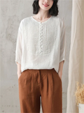 Retro Pleated Crew Neck Linen Short Sleeve Shirt for Female