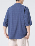 Men's Chinese Style Stand Collar Short Sleeve Linen Plaid Shirt