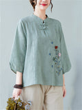 Women's Floral Hand Embroideried Elegant Stand Collar Shirt