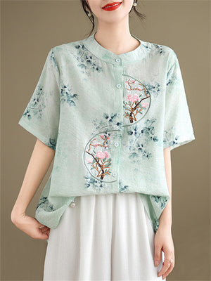 Women's Gentle Flower Embroidery Round Neck Half Sleeve Shirt