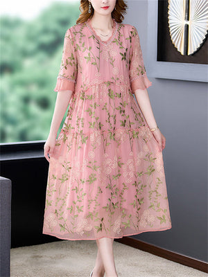 Female Comfortable Dandelion Embroidered Midi Dress