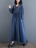 Female Ethnic Style Floral Embroidered V-Neck Retro Denim Dresses