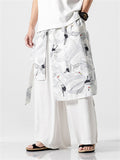 Men's Zen Ocean Wave Flying Crane Print Loose Hakama Pants