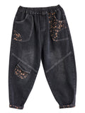 Orange Mini Floral Print Elastic Waist Black Jeans for Women