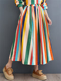 Rainbow Stripes Irregular Hem Lapel Shirt + Swing Skirt for Women