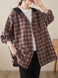 Women's Oversized Sport Button Up Plaid Hooded Jacket