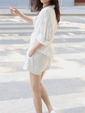 Female 100% Linen Short Sets Button Up Shirt + Casual Shorts