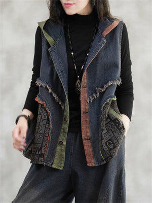 Women's Retro Patchwork Sleeveless Hooded Denim Jacket