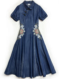 Women's Beautiful Flower Embroidery Lapel Denim Pleated Dress