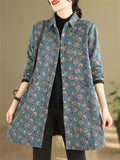 All-Over Floral Print Lapel Mid Length Coat for Lady