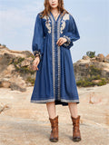 Women's Ethnic Style V Neck Puff Sleeve High-Rise Denim Dress