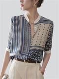 Elegant Stand Collar Geometric Print Single-Breasted Shirt for Lady