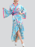 Women's Sweet V Neck Wide Sleeve Ruffled Hem Floral Kimono