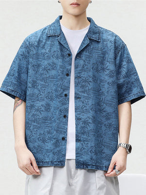 Men's Coconut Tree Print Short Sleeve Blue Shirt