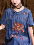 Ancient Style Red Lotus Embroidery Short Sleeve Dress for Women