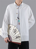 Men's Casual Embroidery Stand Collar Linen Long Sleeve Shirt